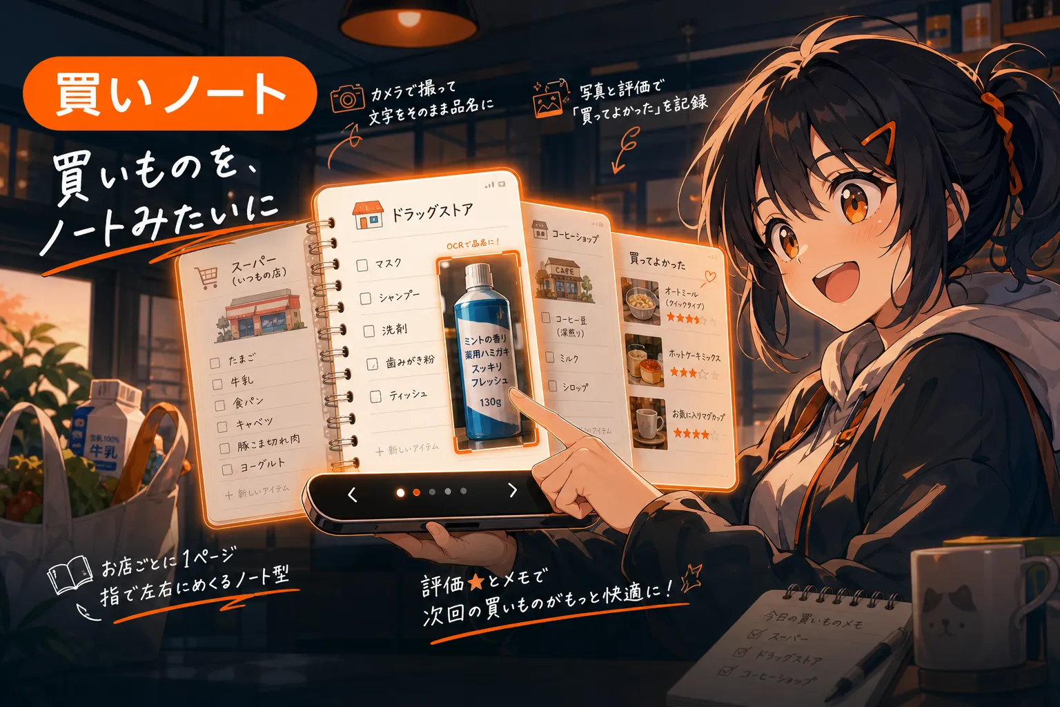 買いノート — 買いものを、ノートみたいに — 書いて、チェックして、指でめくるだけ。お店ごとにページを分ける買い物メモ